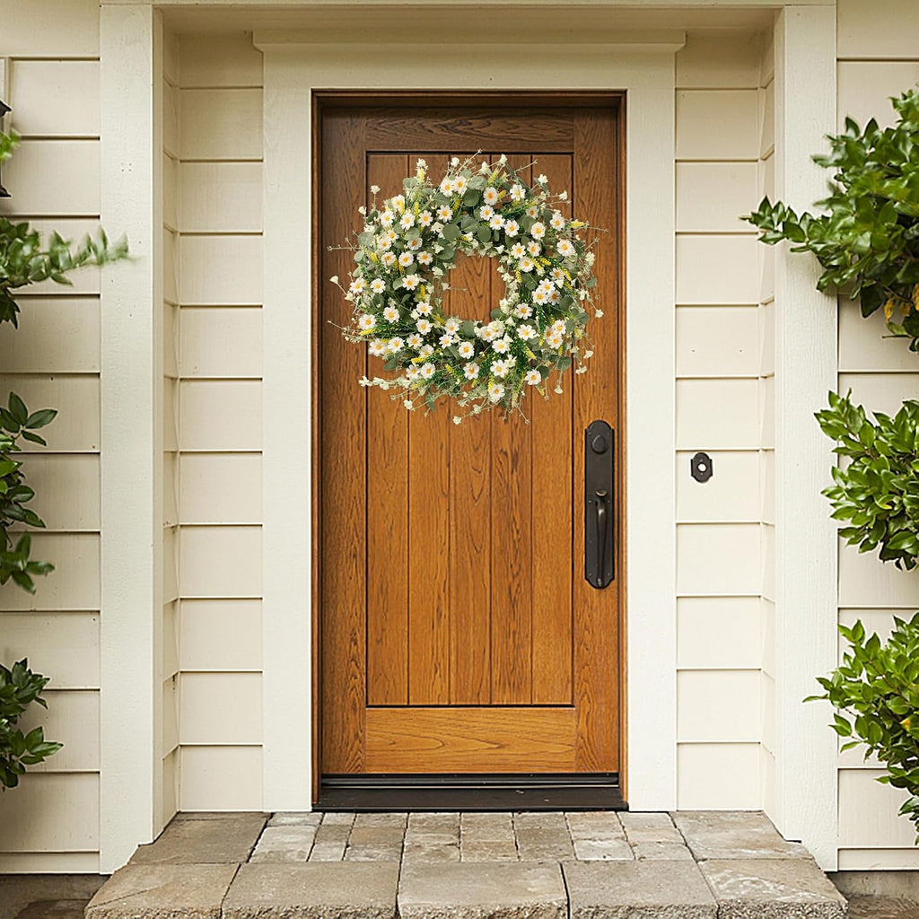 White Daisy Wreath 24 Inch with Fake Silk Floral Green Eucalyptus Leaves and Lavender for Spring Summer Front Door