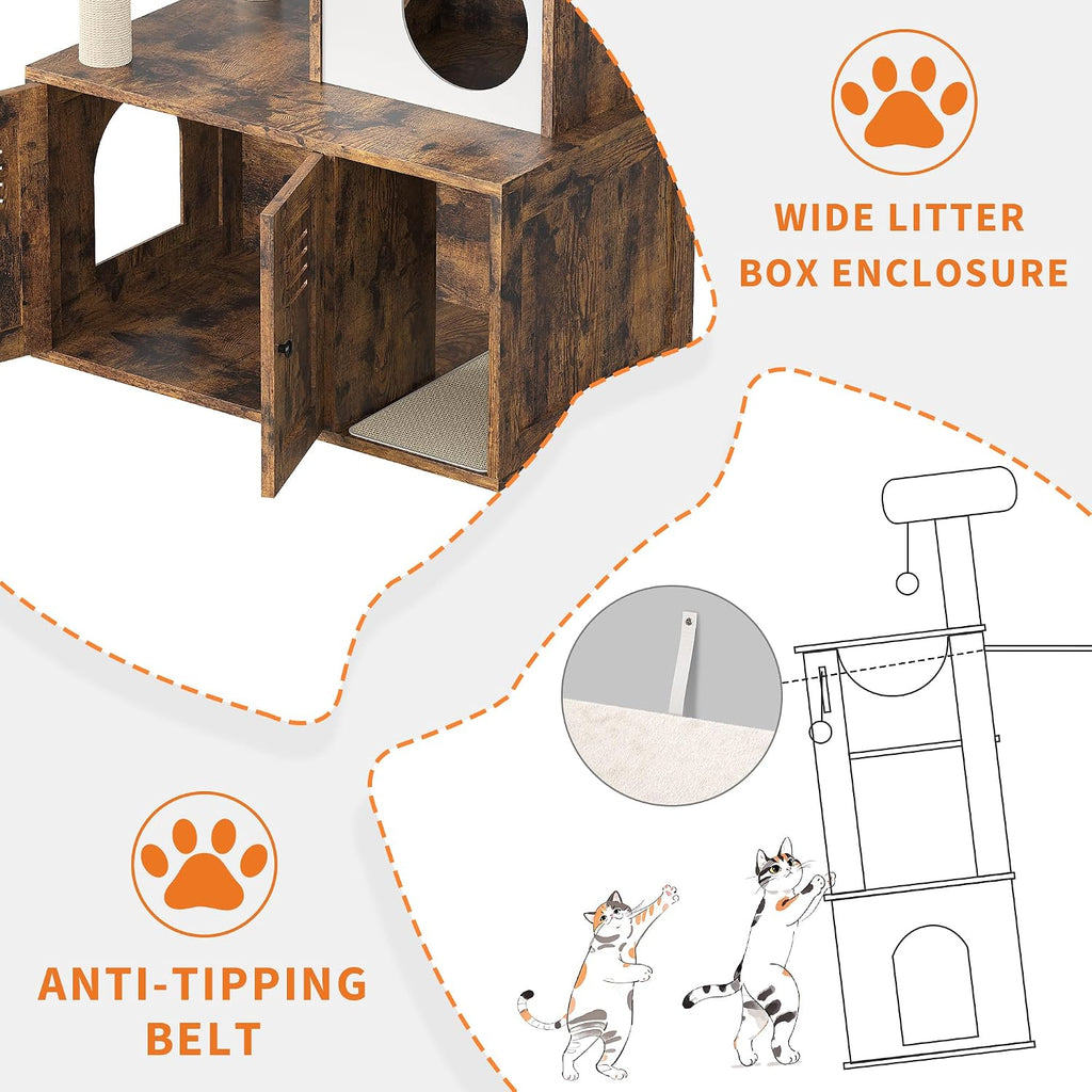 Cat Litter Box Enclosure with Tree Tower and Condo, Hidden Pet Washroom Furniture with Sisal Scratching Post, Hammocks