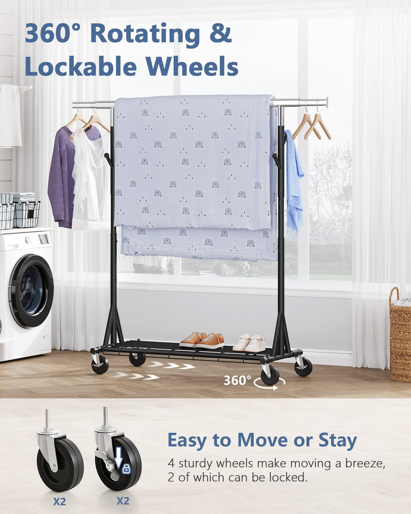 1-Minute Assembly Clothes Rack, 480 lbs Heavy Duty Rolling Clothing Racks with Wheels, Foldable Garment Rack