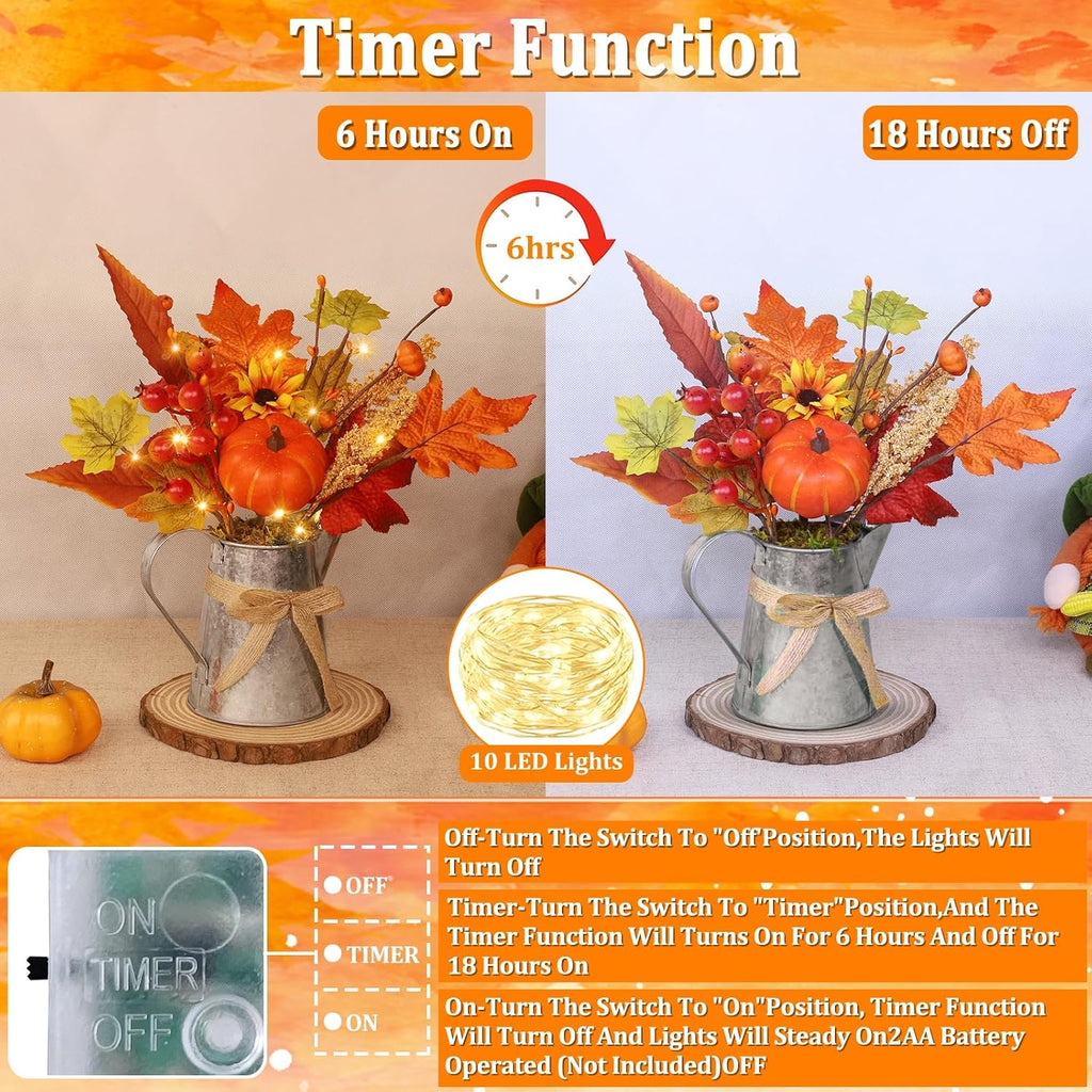 [Light & Timer] Fall Decor Table Centerpiece Rustic Metal Milk Jug with Artificial Orange Maple Tree Pumpkin