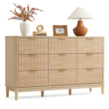 Fluted Dresser with 9 Drawers, Mid Century Modern Chest of Drawers with Gold Metal Handles, Wide Boho Wood Dressers