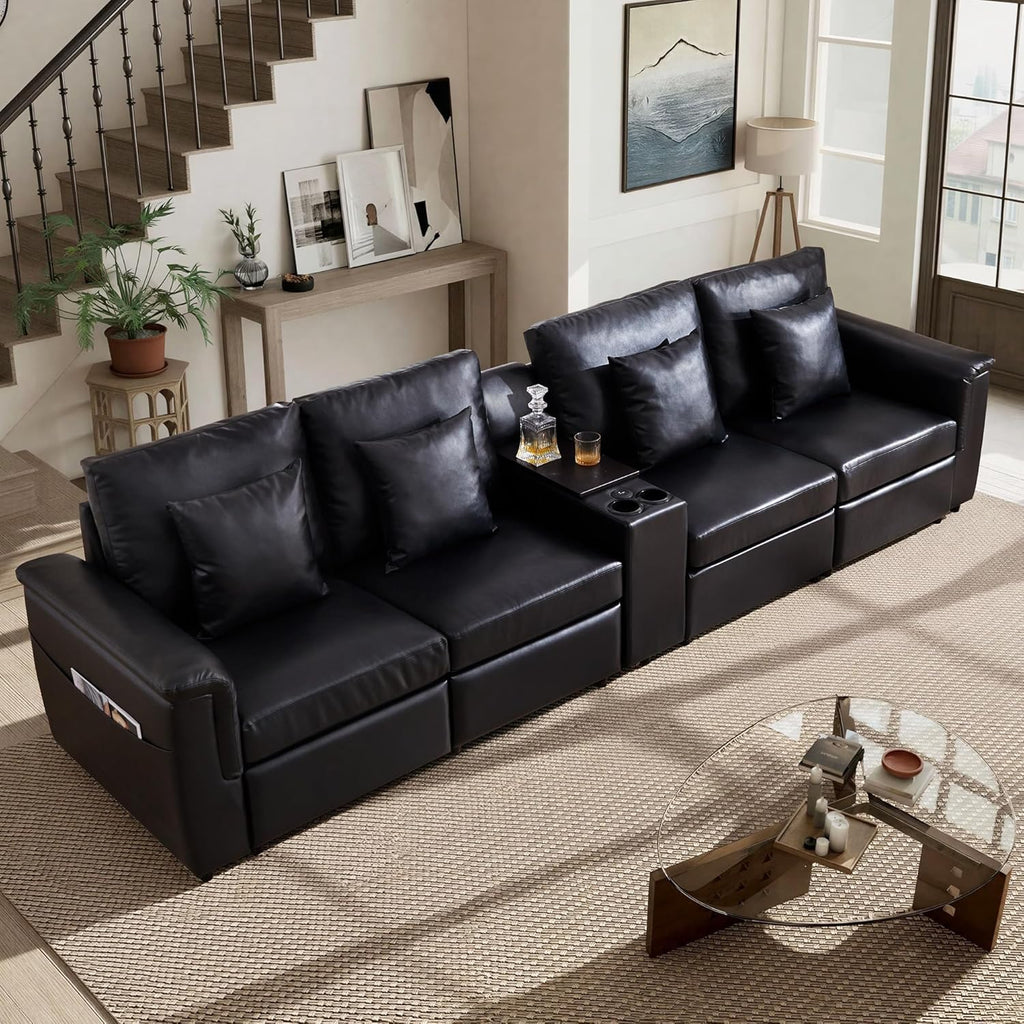 Faux Leather Sectional Sofa, Modern Leather 4 Seater Couch with Pillows and Storage Console, Modular Cloud Sofa, Black