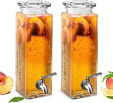 Glass Drink Dispenser, with Leak-Proof Stainless Steel Spigot, Clear Rectangular Mason Jar, Beverage Storage