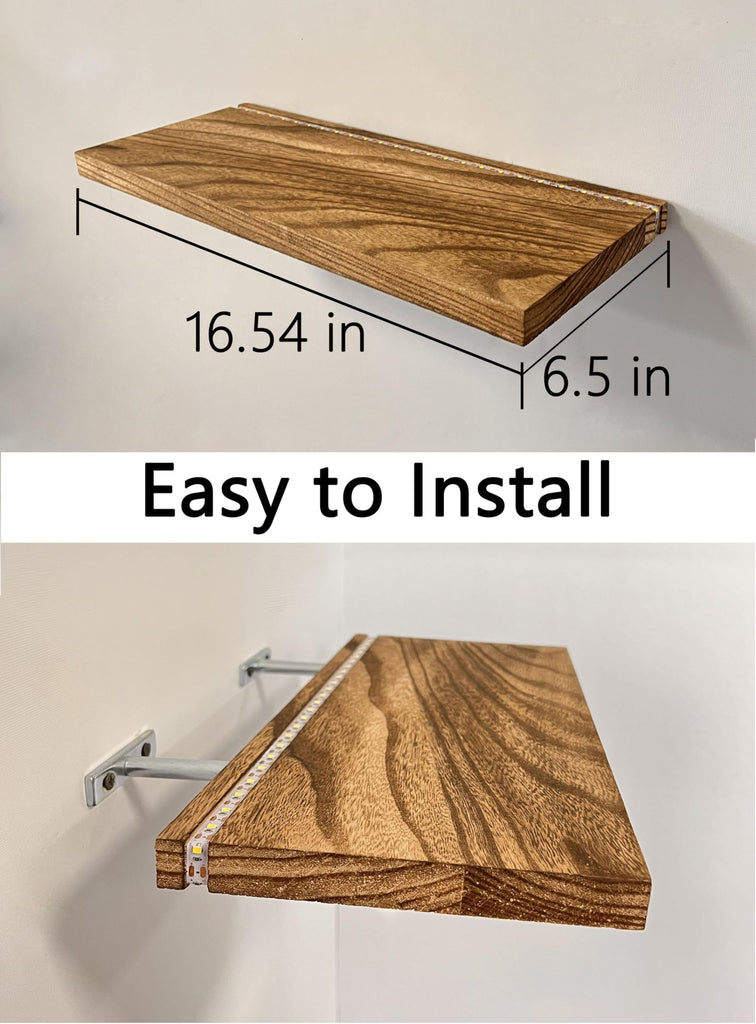 Floating Shelves for Wall Decor Wood Wall Mounted Shelves with LED Lights Set of 2, Sturdy Rustic Wood Shelves