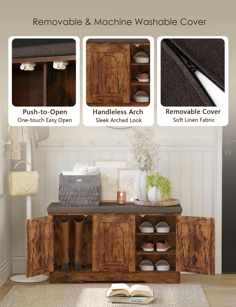 Shoe Storage Bench with Cushion, Door, Rustic Brown 39.4"LX21.5"H