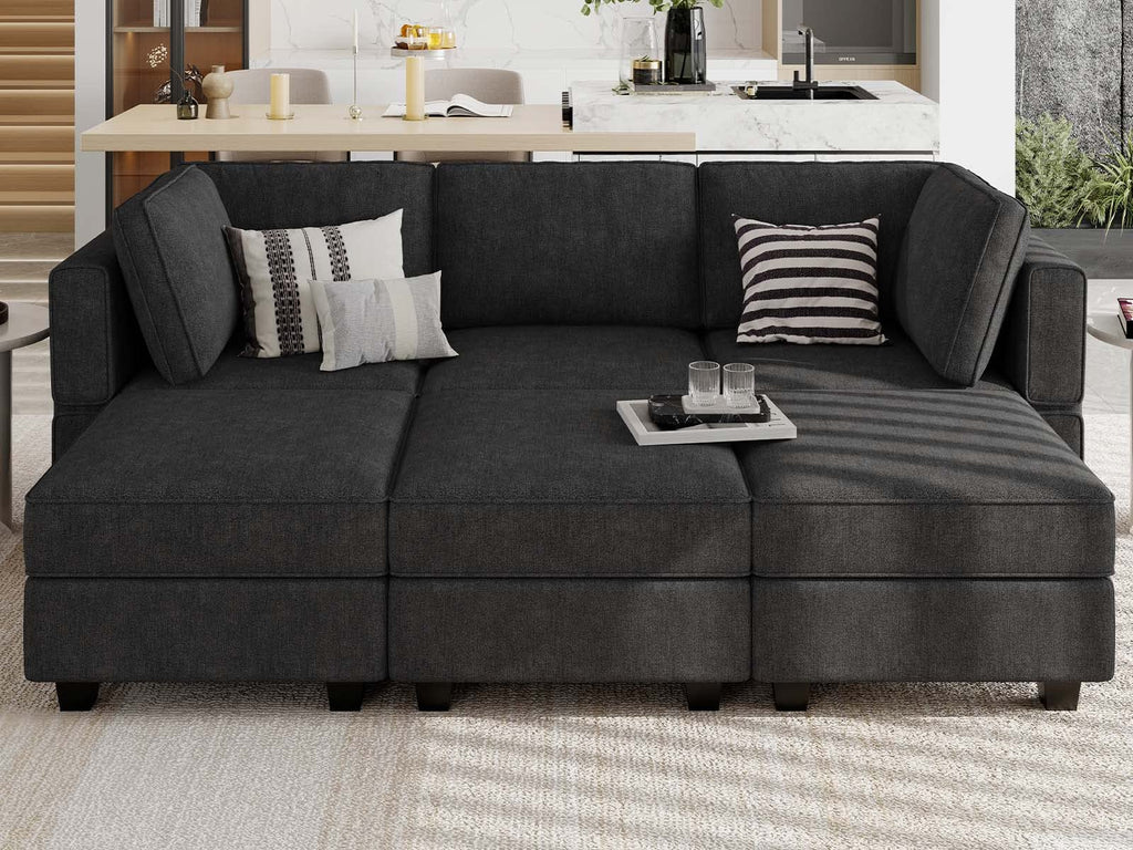 Terry Fabric Modular Sectional Sleeper Sofa Bed with Storage Convertible Sectional Couches 6 Seaters Black Modular