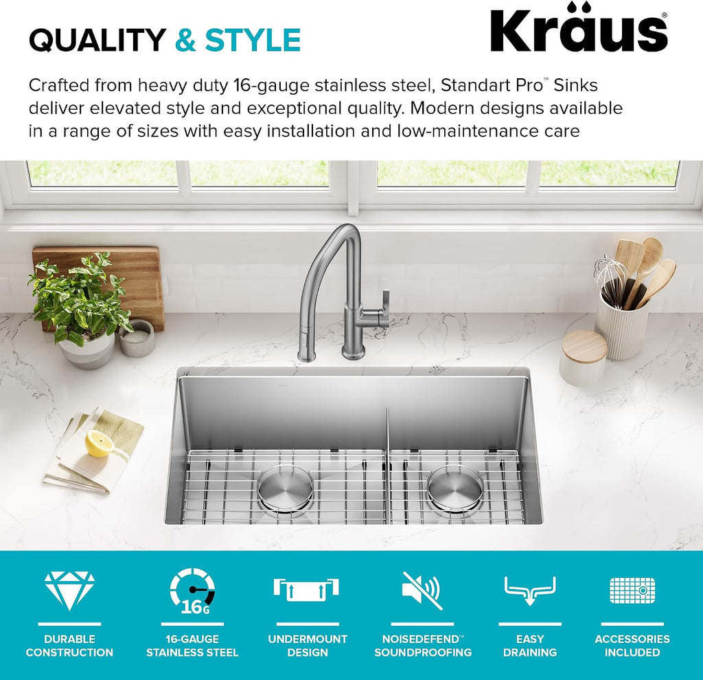 Kitchen Sinks Undermount - 32 Inch Stainless Steel Kitchen Sink, 60/40 Double Bowl, 16 Gauge, Model KHU103-32