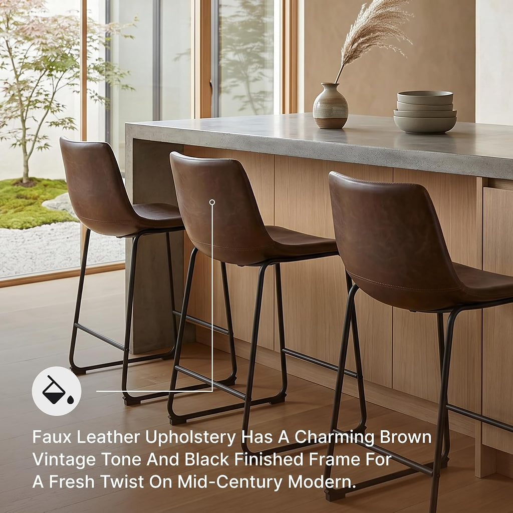 Centiar 24" Counter Height Modern Bucket Barstool 2 Count, Brown