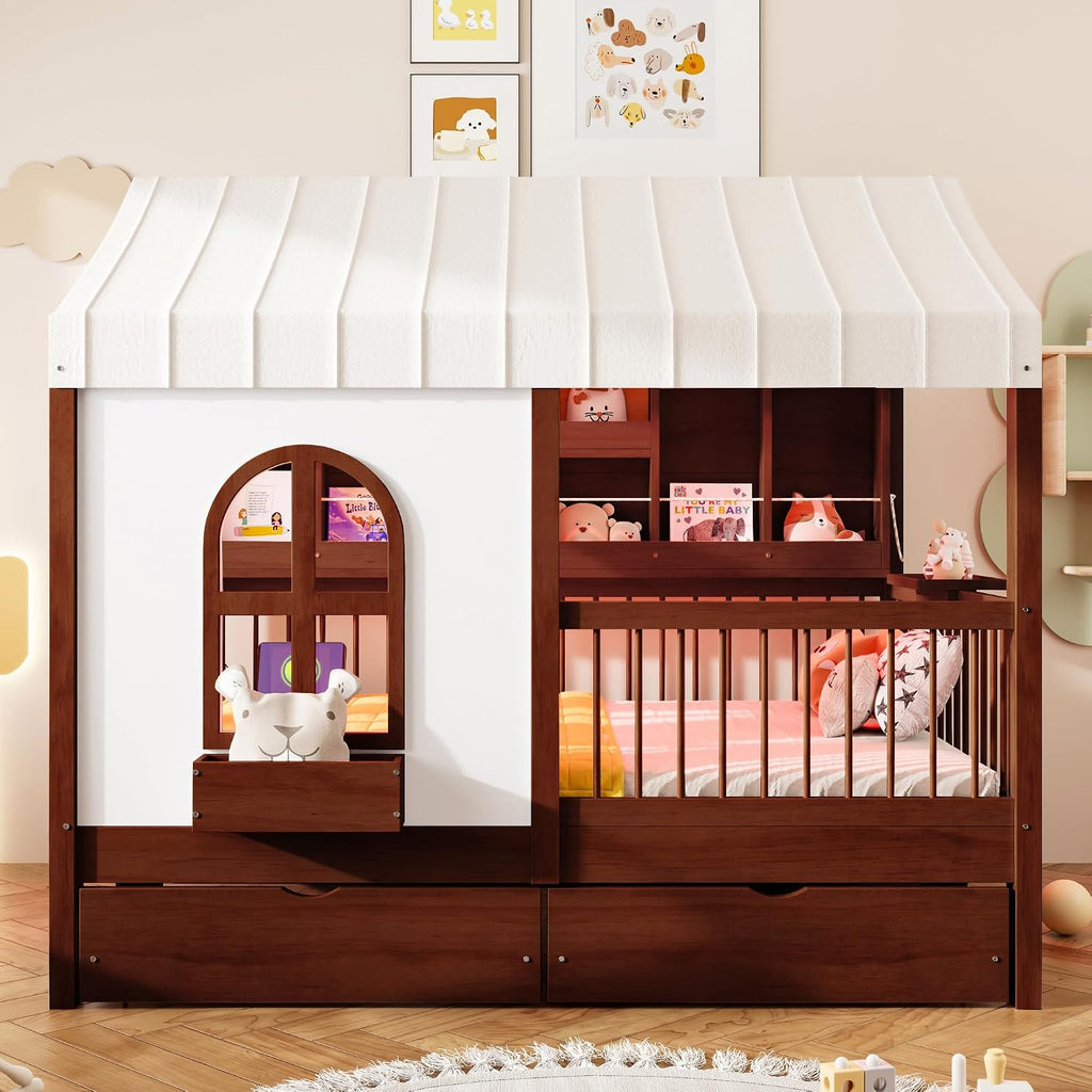 House Bed with 2 Large Drawers and Side Bookshelf, Espresso