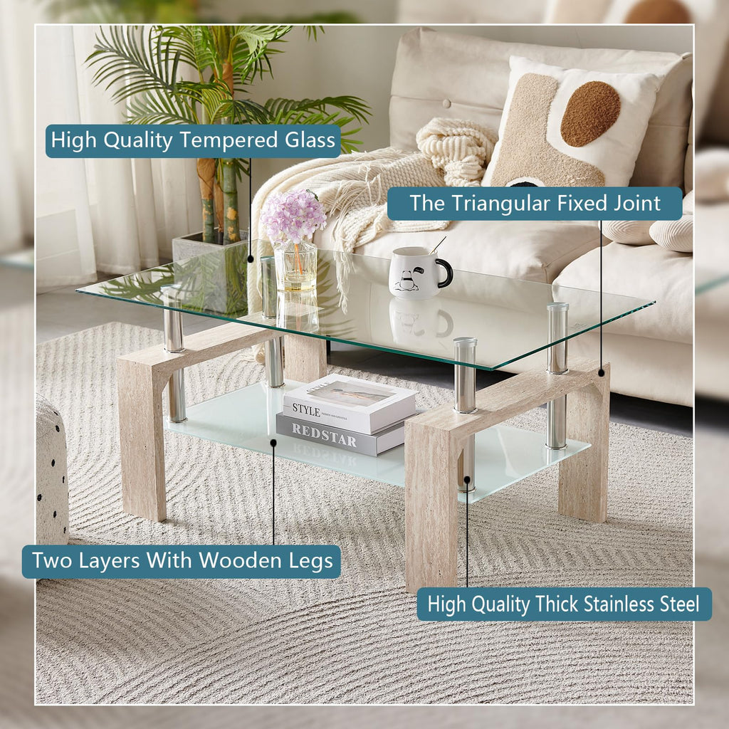 Living Room Rectangle Coffee Table, Tea Table Suitable for Waiting Room, Modern Side Coffee Table with Wooden Leg