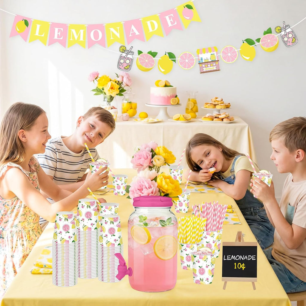 Pink Lemonade Stand Supplies with 1 Gallon Plastic Drink Dispenser - Set of 208