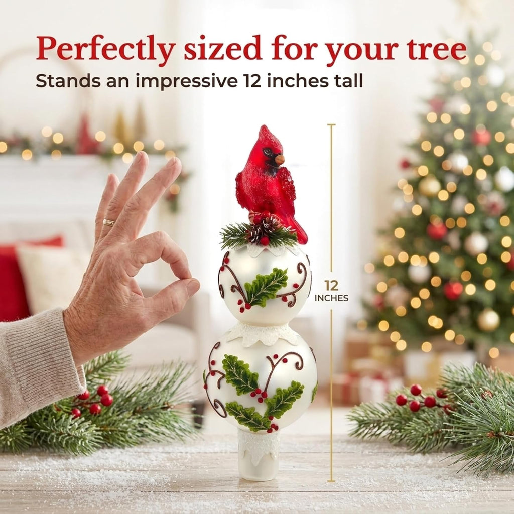 Glass Holly Cardinal Christmas Tree Topper 12 Inch