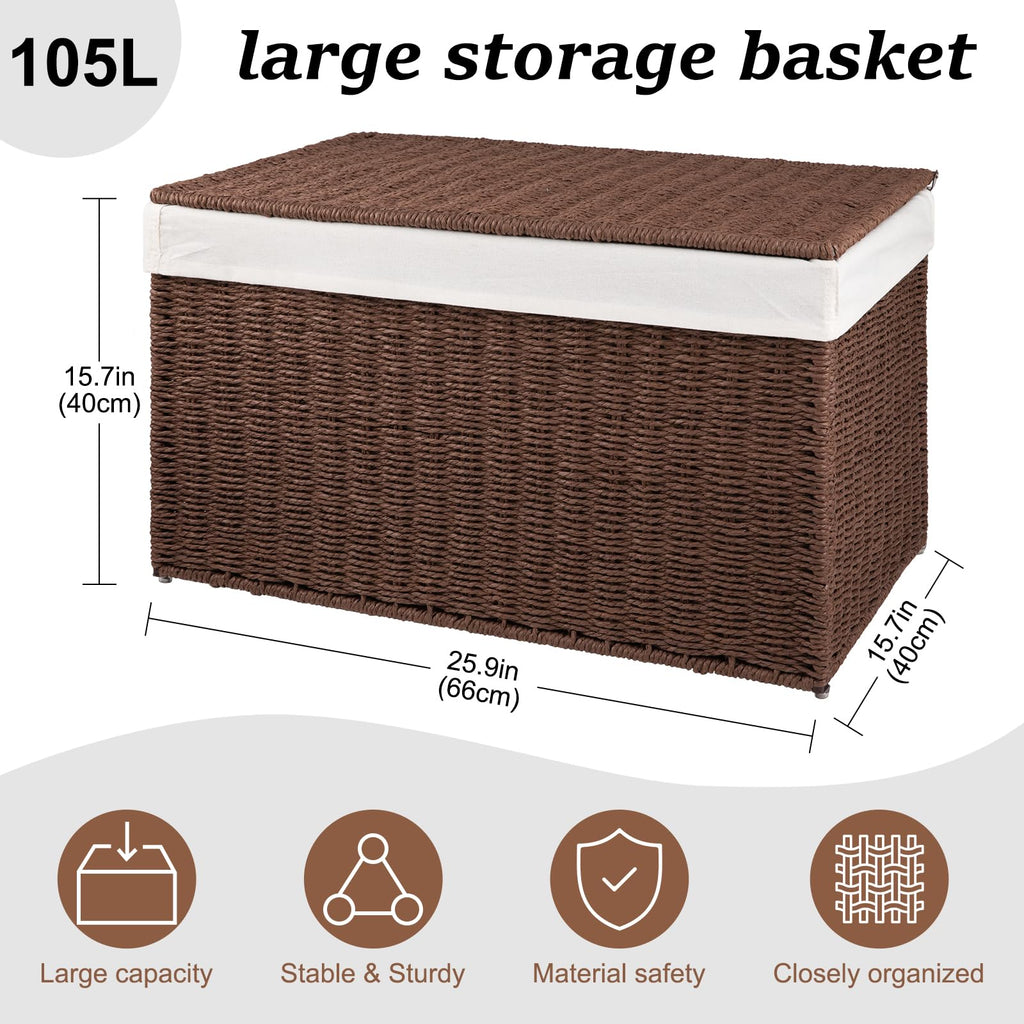 Storage Basket with Lid, 27.7 Gallon (105L) Blanket Basket with Removable Separated Liner Bag, Paper Rope Hamper with