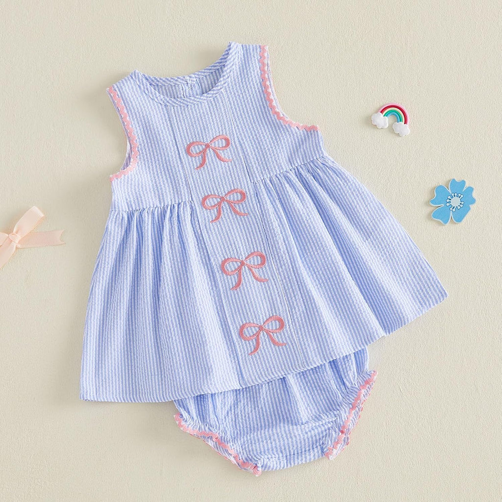 Baby Girl Summer Outfit Bow Embroidered Sleeveless Striped Tank Tops and Ruffle Bloomer Shorts Sets