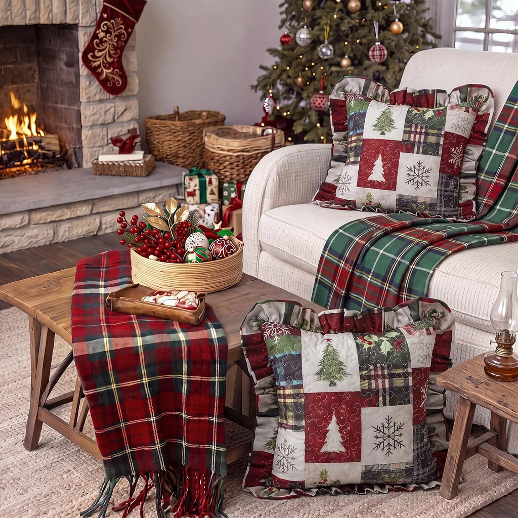 Christmas Tree Quilted Pillow Covers 18 x 18 Inch Farmhouse - Set of 2