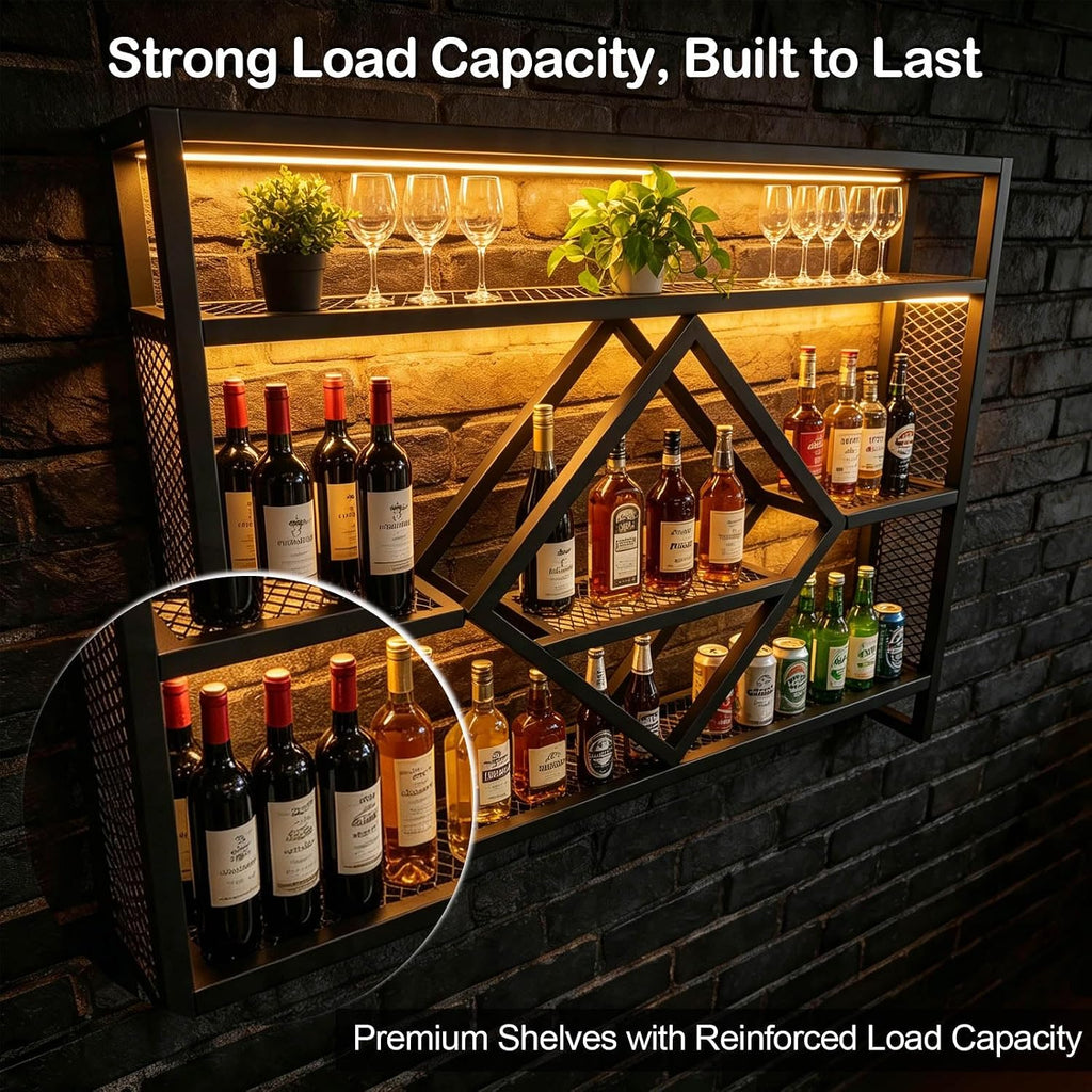 Wall Mounted Wine Rack with LED Light, 39.4in Industrial Metal Wine Bottle Display Shelf with Wine Glass Holder,Large