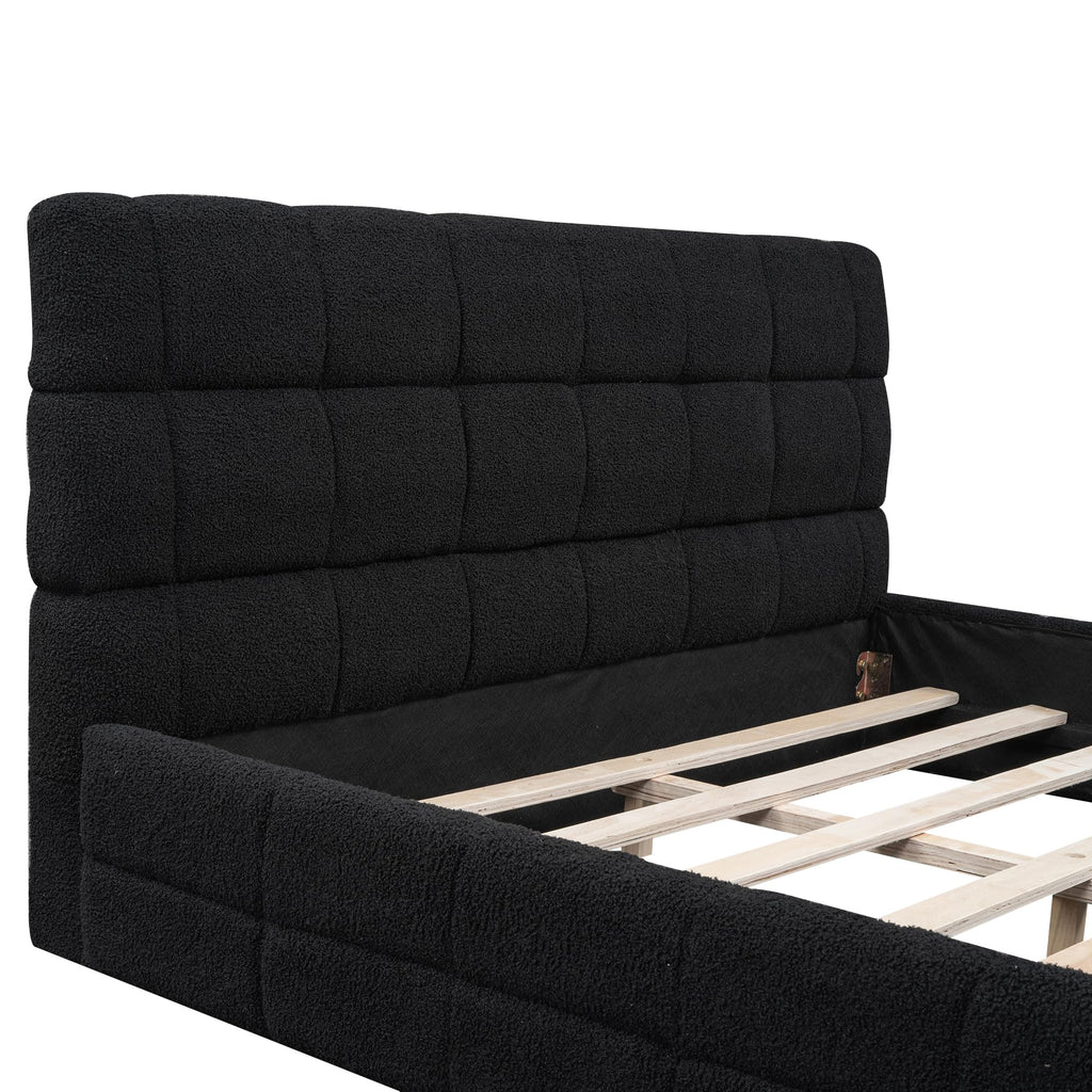 Queen Size Upholstered Platform Bed, Fleece Floor Bed with Tufted Headboard, Luxurious Low Profile Bed Frame with