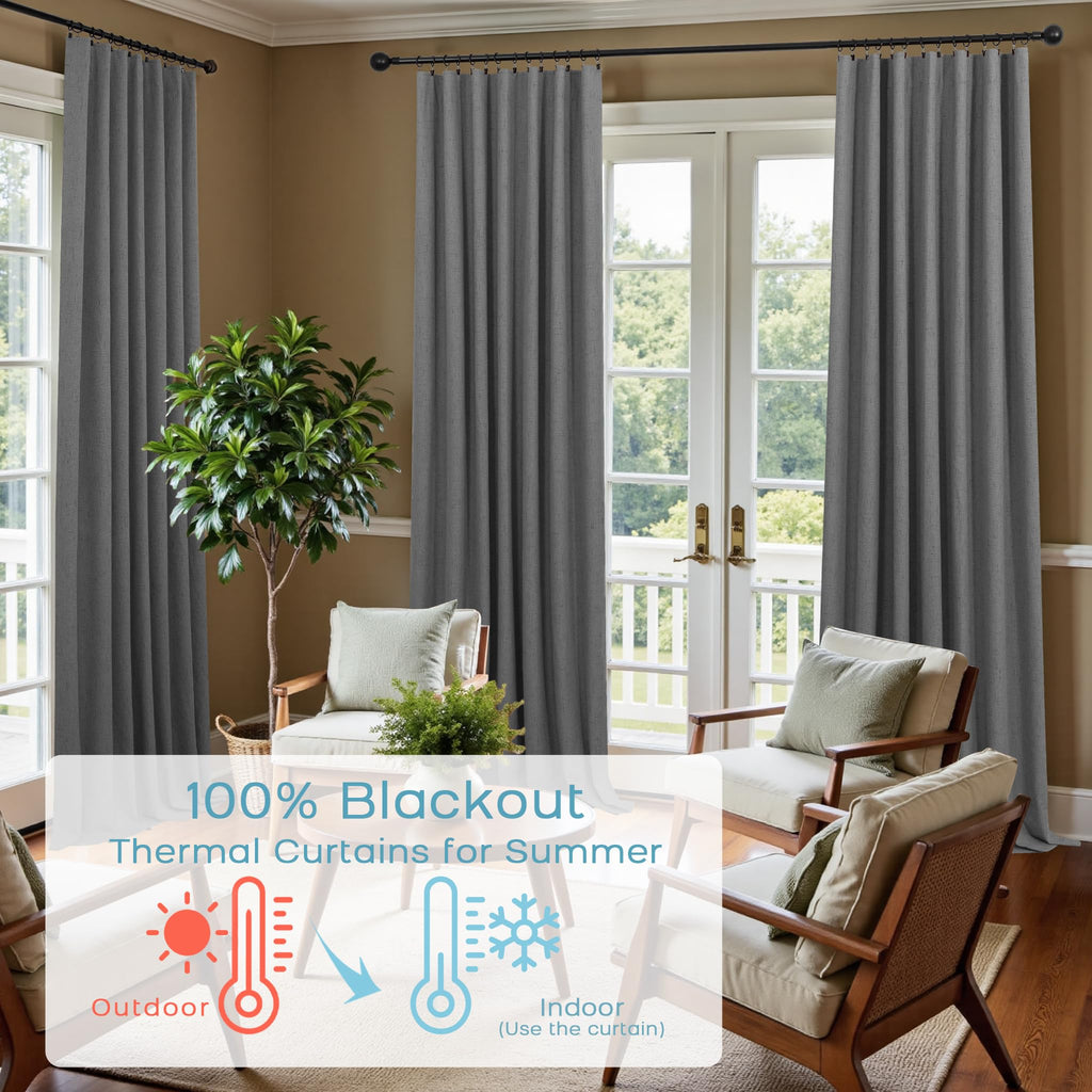 108 Inch Long Soundproof Blackout Curtains 9FT 9 FT Dark Grey Linen Black Out Pleated Sound Proof Curtains for Movie