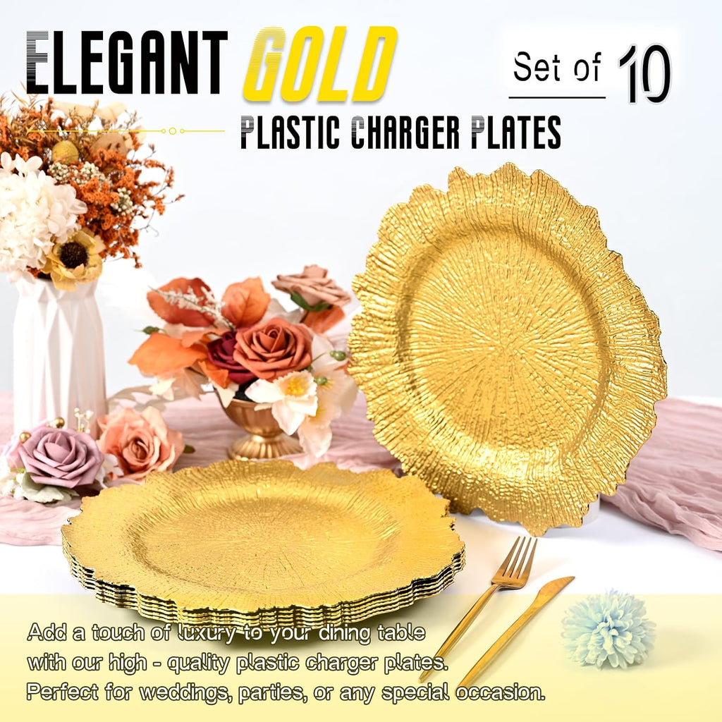 Gold Charger Plates Bulk - 13" Elegant Gold Chargers for Dinner Plates, Wedding & Event Decorative Charger - Set of 10