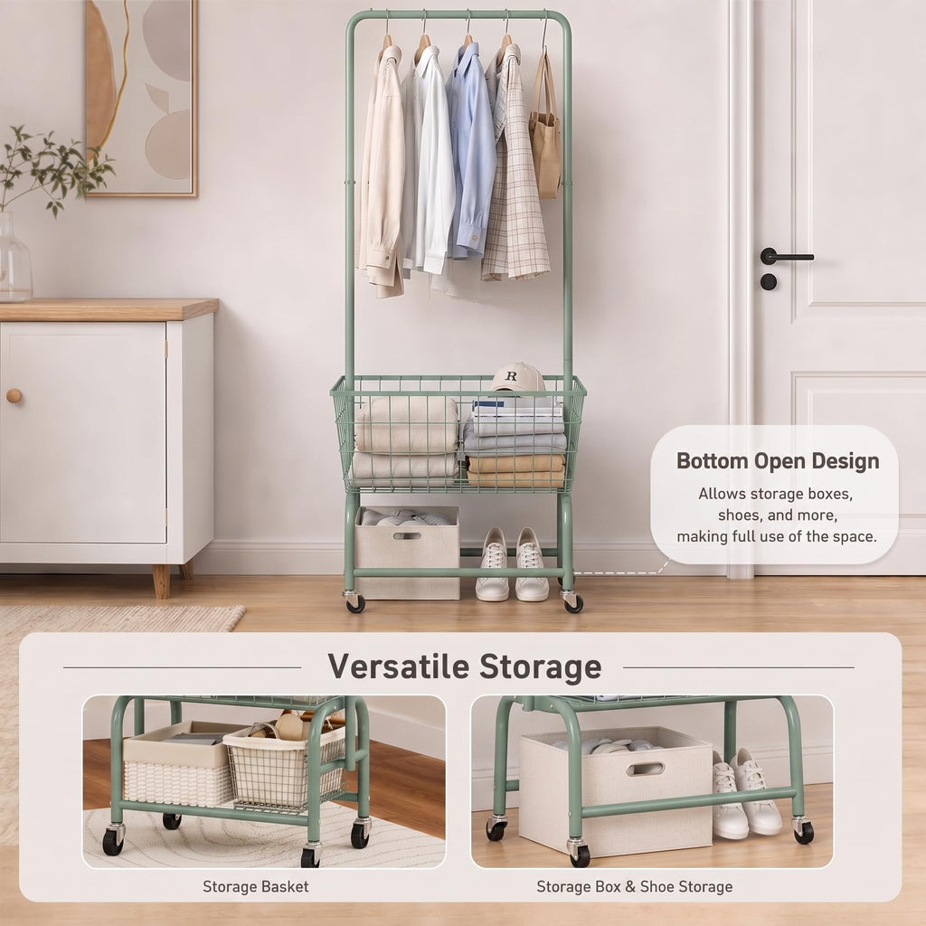 Laundry Cart with Clothes Rack, Rolling Laundry Butler with Wire Storage Rack,Green