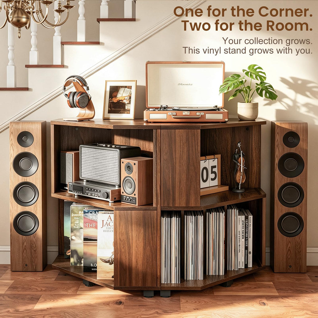 Corner Record Player Stand, Record Player Cabinet, Walnut