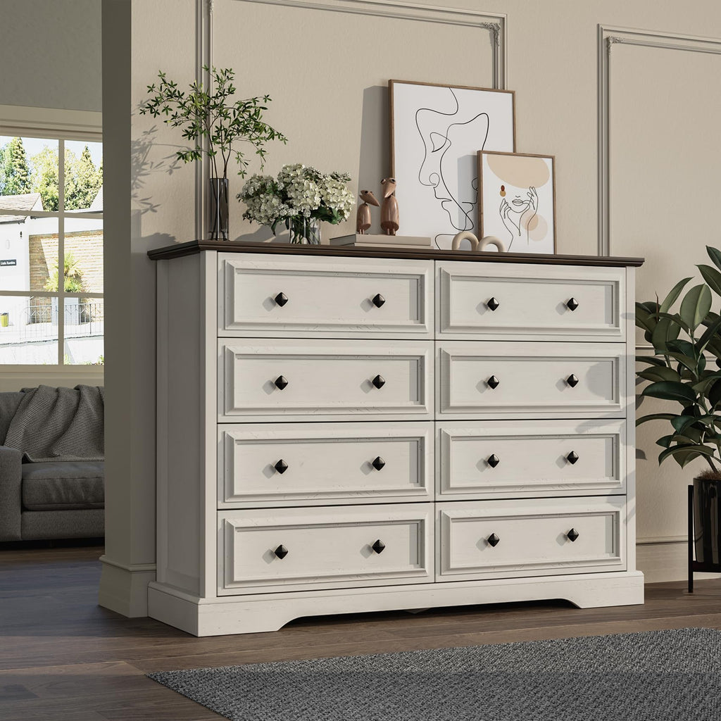 Farmhouse 8 Drawer, 54" Wide Wood with Natural Texture, Vintage Metal Double Hand Knobs, Rustic Chest of Drawers