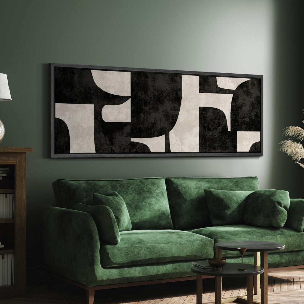 Large Framed Canvas Black and Beige Geometric Abstract Mid-Century Illustrations Modern Art Calm Warm - 60"" x20