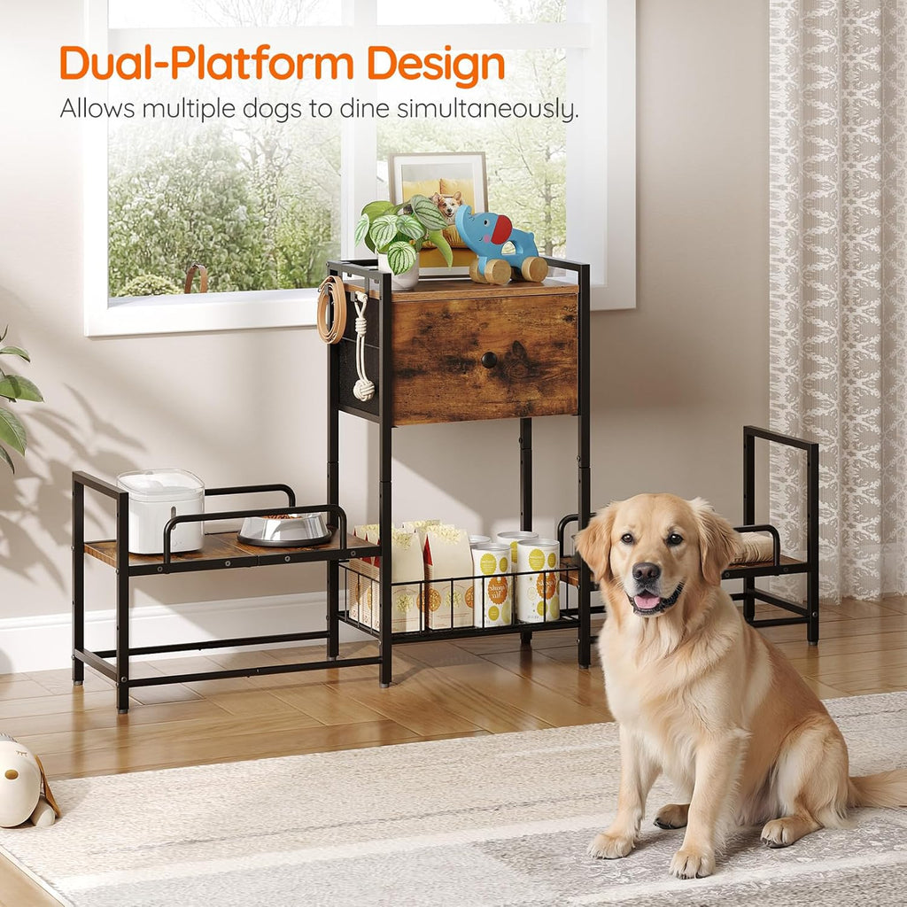 Dog Feeding Station with Drawer, 2 Elevated Bowl Stands & Large Dog Food Storage for 2 Dogs, Height Adjustable Pet