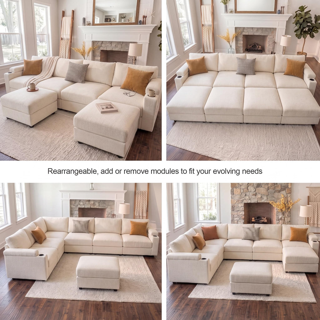 Sectional couches, Oversized Modular Cloud U Shaped Couch, FSC Certified Chenille, Removable Chaise Sofa (Beige, L