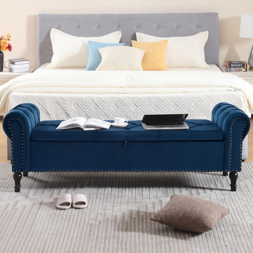 Velvet Storage Bench 67 Inch Upholstered Tufted Ottoman Bench with Arms Large Storage Space King Size End of Bed