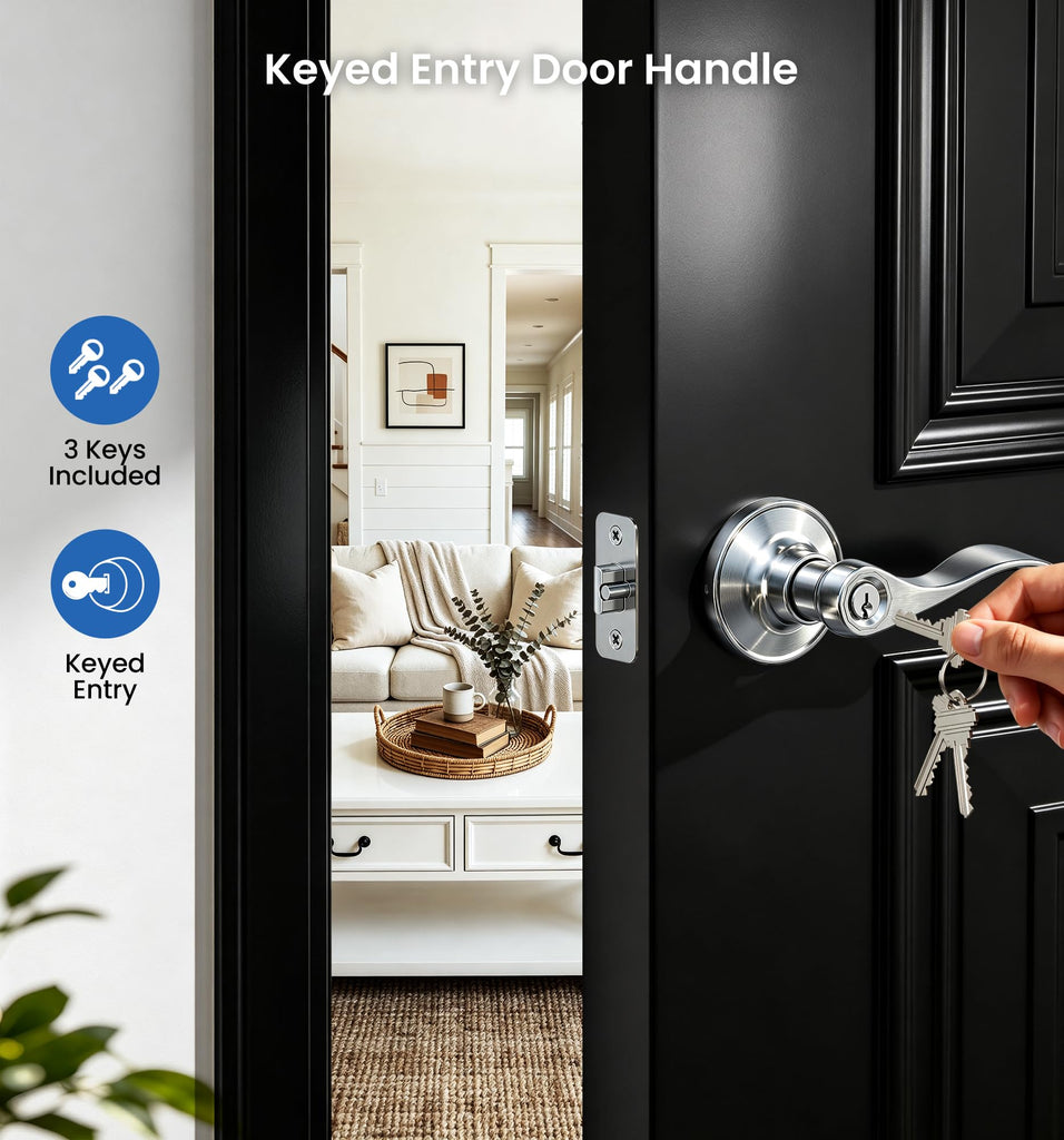 Keyed Entry Door Handle with Lock, Wave Door Levers, Satin Nickel