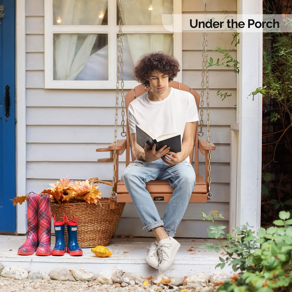 2.2FT HDPE Porch Swing, Patio Swing with Rotatable Cup Holder, Teak