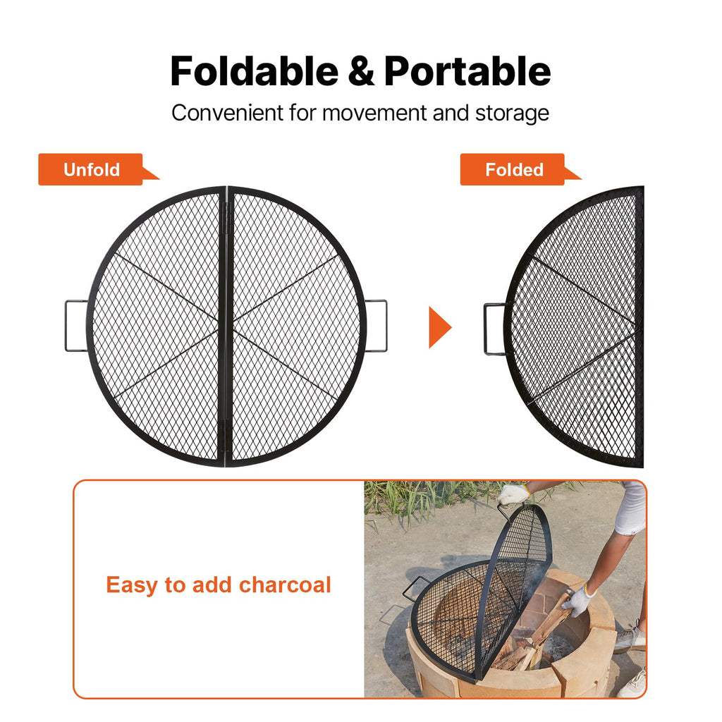 X-Marks Fire Pit Grill Grate, Foldable Round Cooking Grate, Heavy Duty Steel Campfire BBQ Grill Grid with Handle and