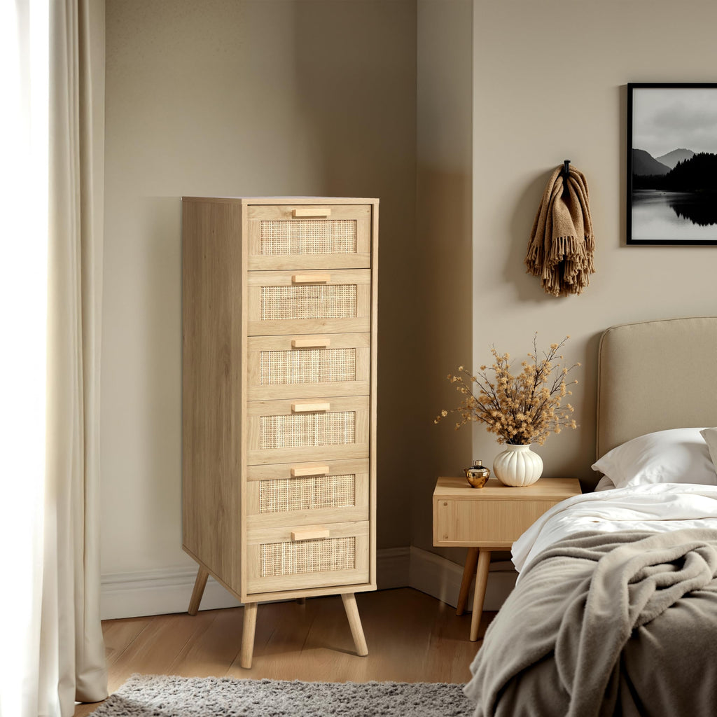 Rattan Dresser, Tall Dresser with 6 Hand Made Rattan Decorated Drawers, Small Chest of Drawers, Closet, Hallway