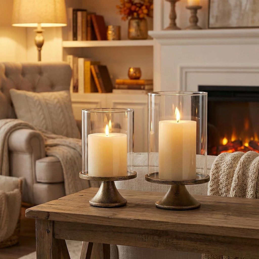 Set of 2 Hurricane Candle Holder Set with Glass Dome & Iron Base - Elegant Decorative Pillar Candle Holders