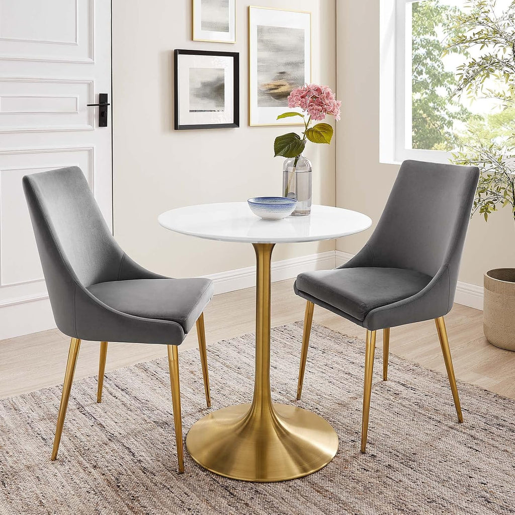Inspired Saarinen Style Tulip Round Pedestal Dining Table — Gold Base / White Top, 28″ Round