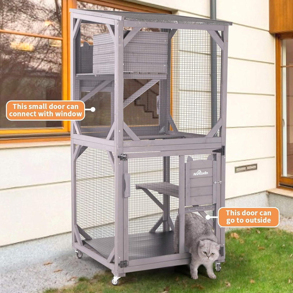 Cat Catio Kitty House Outdoor and Indoor Run Large Wooden Cat Enclosure on Wheels 70.9" Upgraded Version Kennel Cage