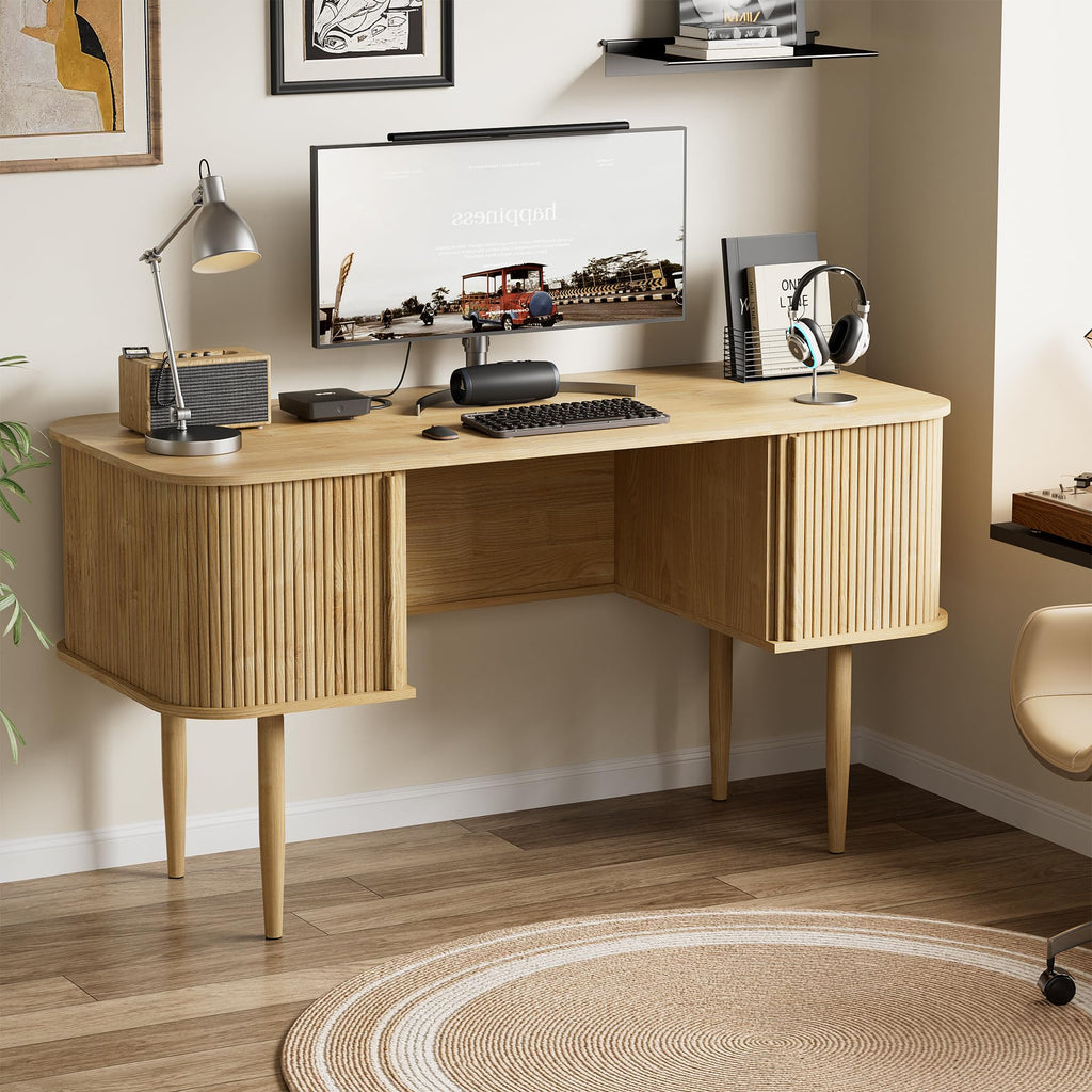 55" Modern Writing Desk, Wood Home Office Desk, Natural