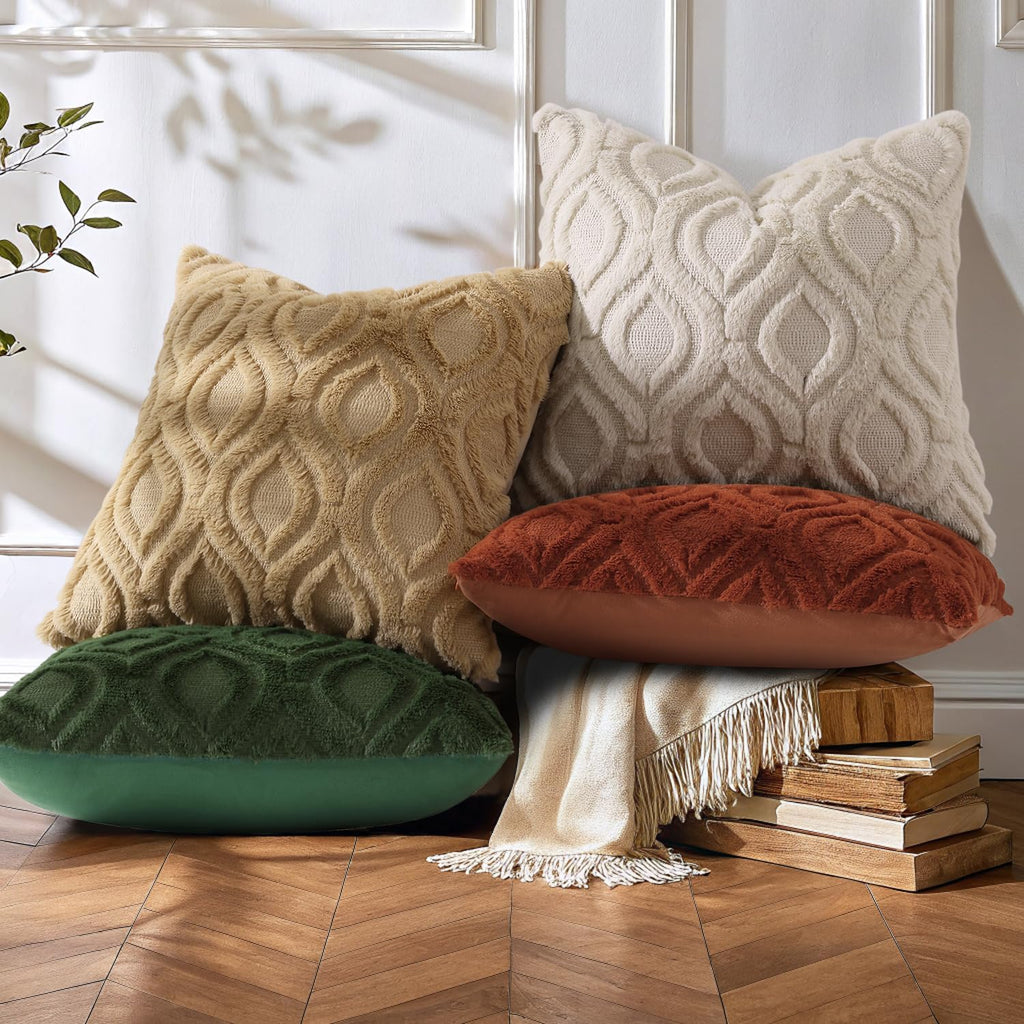 Throw Pillow Covers 18x18 Inch Set of 2, Soft Plush Faux Wool Beige Solid Couch Pillow Covers, Accent Farmhouse