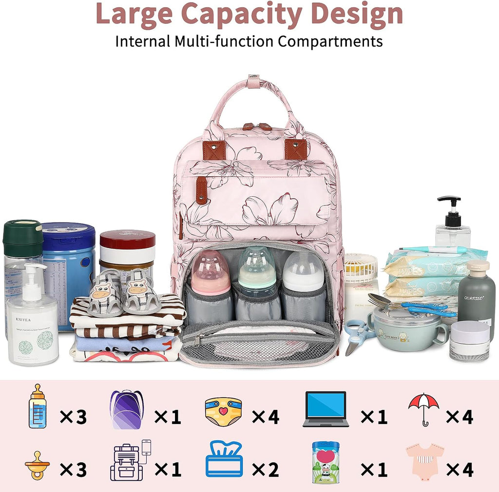 Diaper Bag Backpack, Baby Girl Diaper Bag for Mom, Large Pink Floral Diaper Bag Backpack for Girls, Waterproof Mom