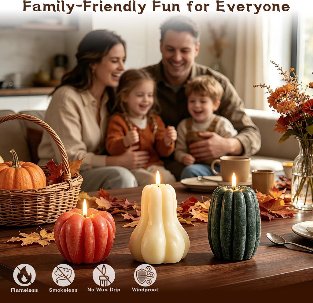 Fall Pumpkin Flameless Candle, LED Battery Operated Pumpkin Candle Light with Remote, Real Wax 3D Flickering - Set of 3