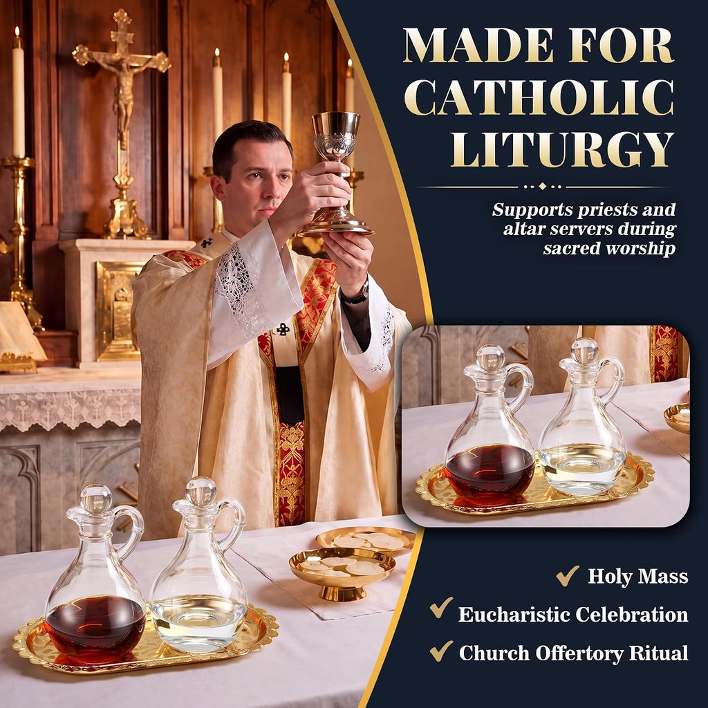 Catholic Church Oil & Vinegar Bottle Dispensers Glass Cruet Set with Tray - Set of 2