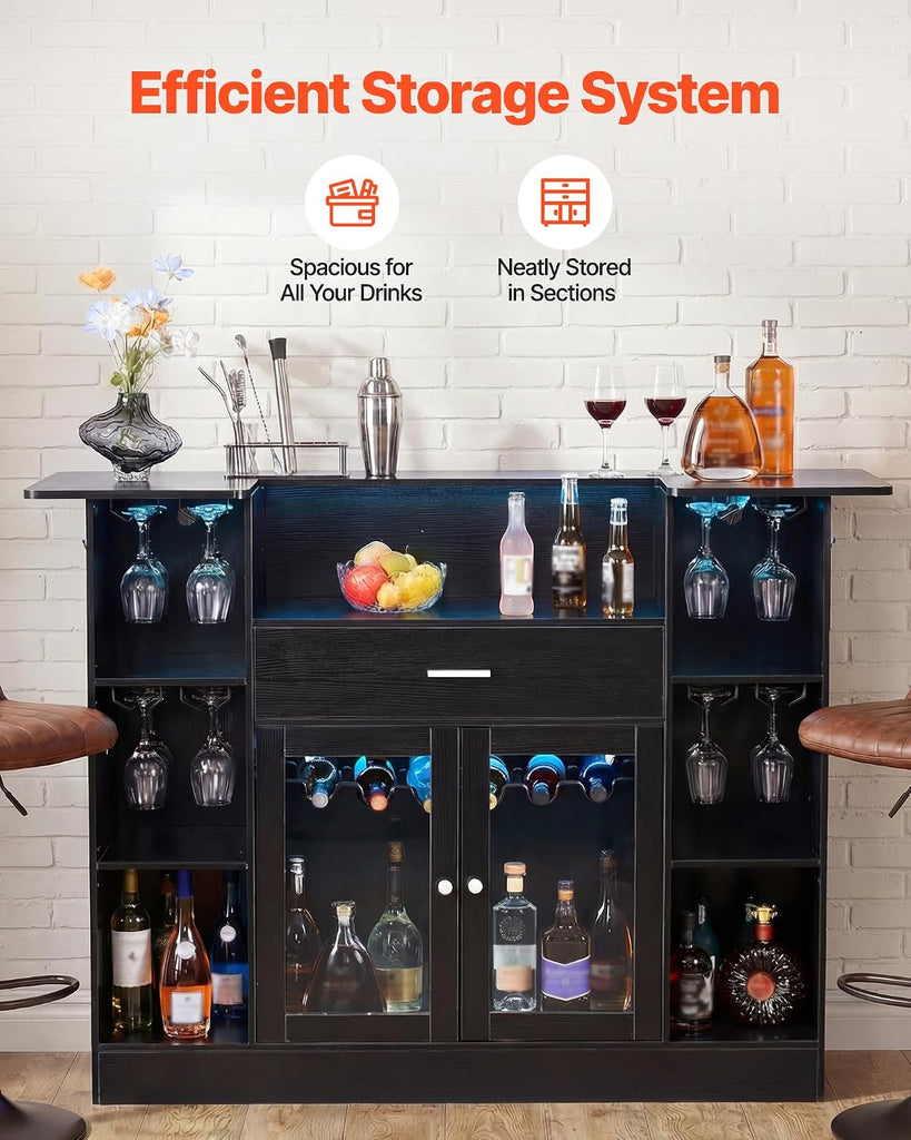 Home Bar Unit, Wine Bar Cabinet Table 4-Tier with Storage Drawer Shelves, Wine Glass Holder, Bottle Rack, LED Light
