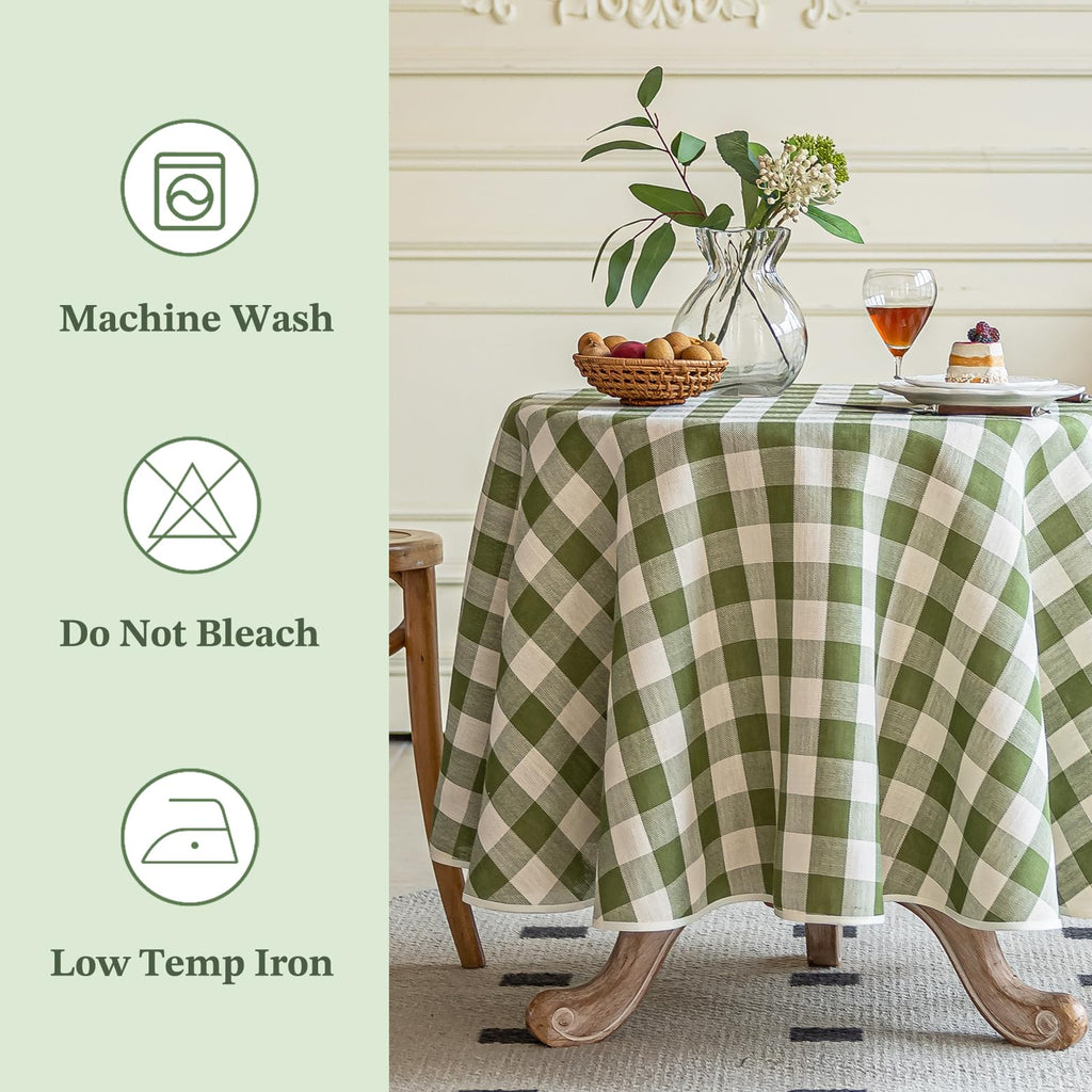 Green Gingham Round Tablecloth 60 Inch, Spring Checkered Circle Table Cloth Washable Wrinkle Free, Cotton Linen