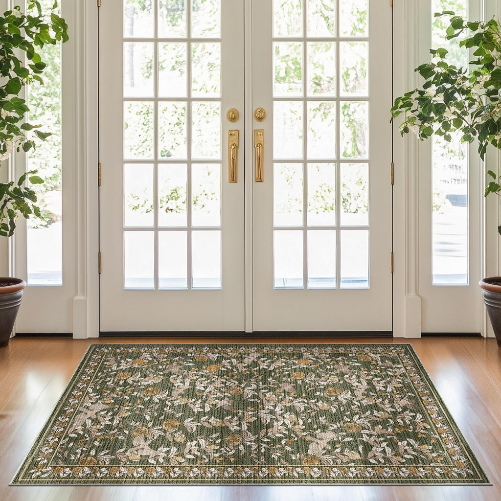 Eden Floral Washable Area Rug 3x5 Entryway Rug Vintage Lightweight Soft Non-Slip Indoor Low Pile Dis
