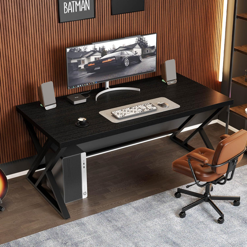 55 Inch Black Modern Computer Office Desk Metal & Wood Writing Desks