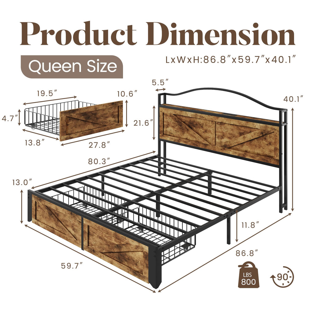 Bed with Farmhouse Storage Headboard, Bed with 2 Storage Drawers and Fast-Charging Station and Led Light