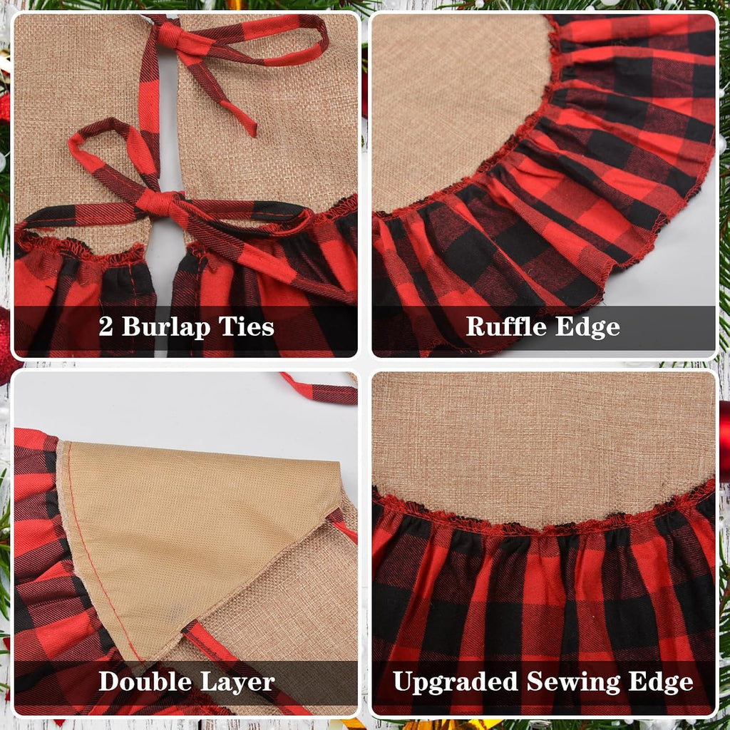 Mini Buffalo Plaid Burlap Tree Skirt with Red and Black Ruffle, 24 inch Small Red Black Gingham Chrismtas Tree Skirt