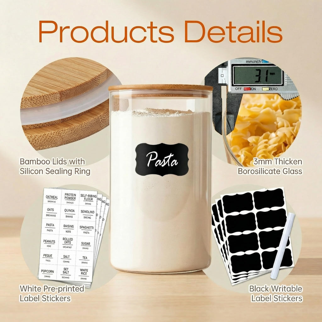 Glass Jars with Bamboo Lids 28 floz [Set of 8], Glass Canisters with Airtight Lids, Glass Food Storage Containers