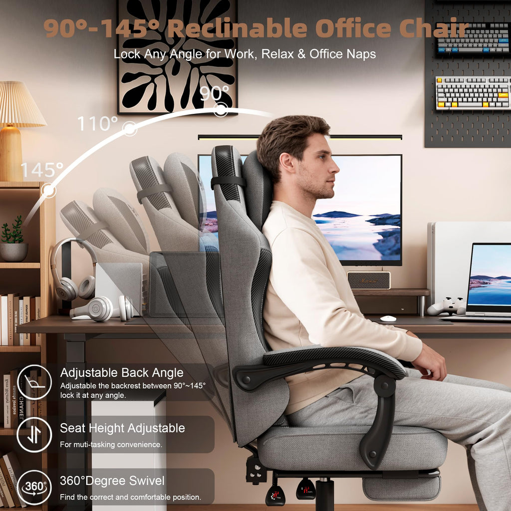 Gaming Chair, Desk Chair with Linen Breathable Mesh Fabric, Office Chair with Adjustable Lumbar Support, Computer